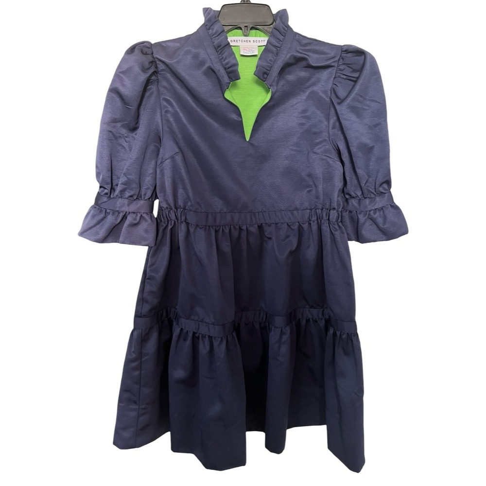 Gretchen Scott Navy Blue Tiered Mini Dress Ruffle Neck Women's Size Medium